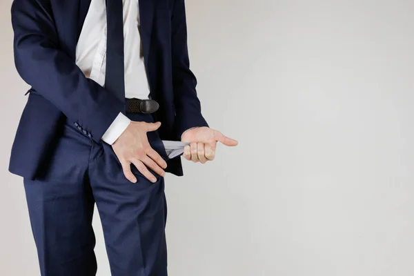 Man Business Suit Turned His Pockets Out Financial Crisis Bankruptcy — Stock Photo, Image