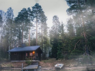 Göl kenarındaki Finlandiya ormanında bir ev.