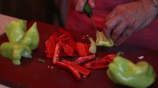 Point de vue de l'homme hachant tomate et poivre de salade — Video