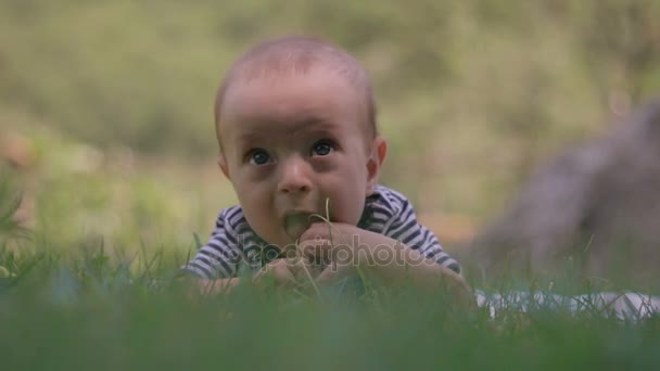 Ein kleines Kind liegt auf dem Gras und weint aus nächster Nähe — Stockvideo