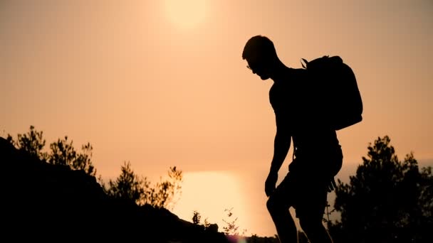 バックパックを持つ男は夕日で山の頂上に します。夕暮れ時の人のシルエット。健康的なアクティブなライフ スタイル. — ストック動画