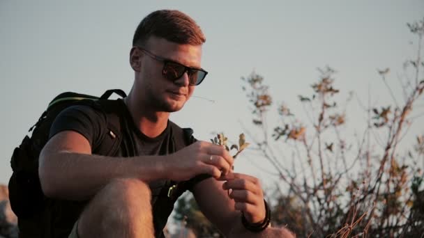 Een man zit op een berg en een klein takje in zijn handen houdt. — Stockvideo