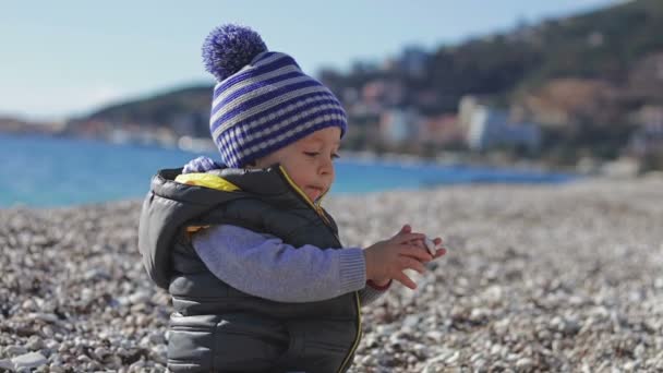 Un niño en la playa se arrastra sobre guijarros . — Vídeo de stock