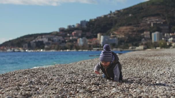 Un niño en la playa se arrastra sobre guijarros . — Vídeo de stock