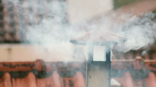 Smoke comes from the chimney of the house. The pipe on the roof. Chimney. Country house. The house with a chimney. Smoke on the background of roofs — Stock Video