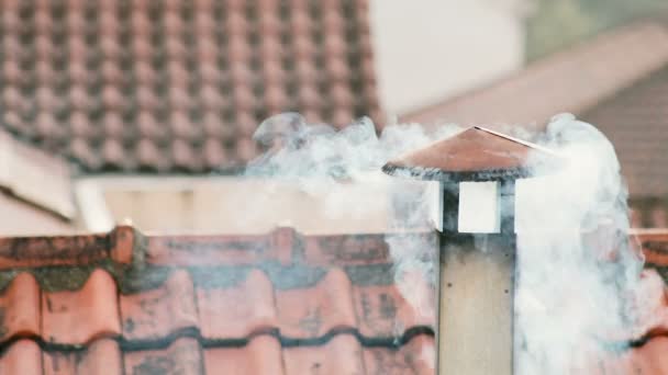 Καπνός προέρχεται από την καπνοδόχο του σπιτιού. Ο σωλήνας στη στέγη. Καμινάδα. Εξοχική κατοικία. Το σπίτι με μια καπνοδόχο. Καπνίζουν στο φόντο των στεγών — Αρχείο Βίντεο