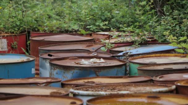 Viejos barriles oxidados con barriles de productos petrolíferos — Vídeo de stock