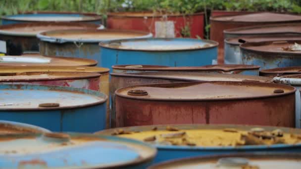 Old rusty barrels with oil products casks — Stock Video