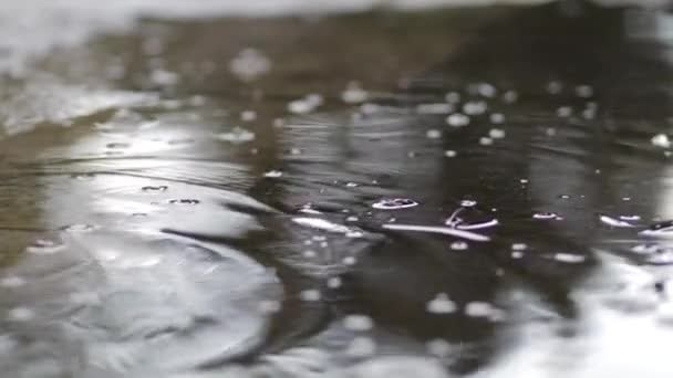 It is raining outside. Rain drops break in puddle. Slow motion. Close up. — Stock Video
