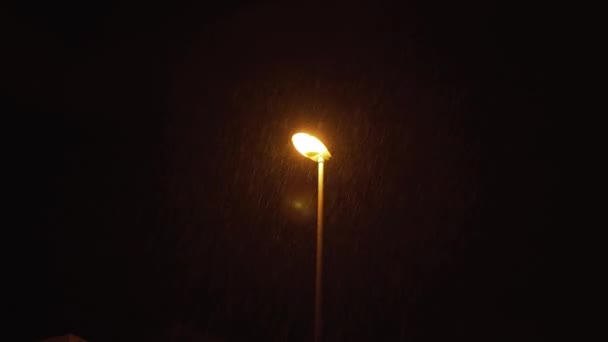 Die Laterne am Mast leuchtet nachts, wenn es regnet — Stockvideo
