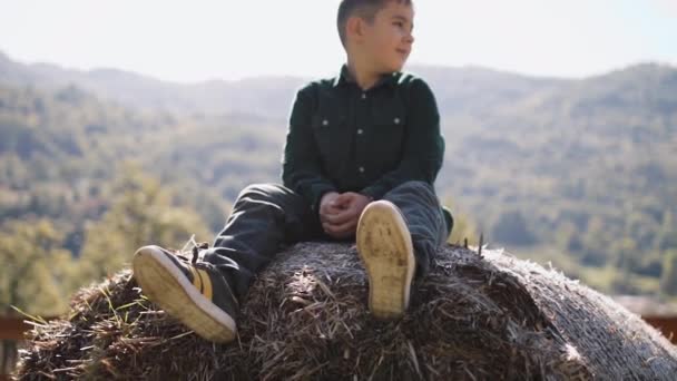Ein kleiner Junge von 8 Jahren sitzt auf einem Heuhaufen und blickt in die Berge — Stockvideo