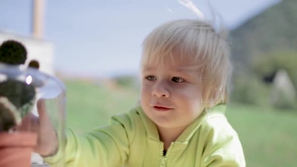 Mały chłopiec z blond włosami uśmiecha się — Wideo stockowe