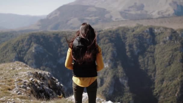 Flicka på toppen av berg promenader — Stockvideo