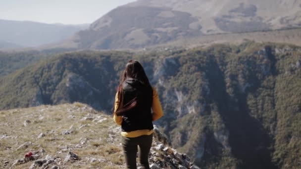 Chica en la cima de los paseos de montaña — Vídeos de Stock