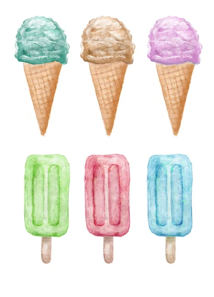 Aquarell-Eis auf Stock und Kegel handgemalte Illustration — Stockfoto