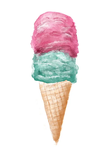 Acquerello colorato gelato cono isolato bianco dipinto a mano illustrazione — Foto Stock