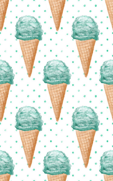 Seamless watercolor pattern with ice cream cones hand painted background