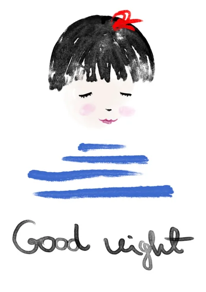 좋은 밤 자 작은 소녀 수채화 손으로 그린 그림 — 스톡 사진