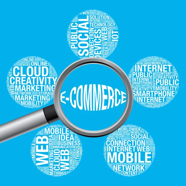 E-Commerce nuvem de palavras com vetor de lupa —  Vetores de Stock
