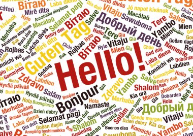 Word Merhaba birçok dilde kelime bulutu konsept illüstrasyon vektör