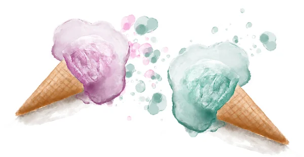 Cones de sorvete derretido aquarela pintados à mão ilustração — Fotografia de Stock