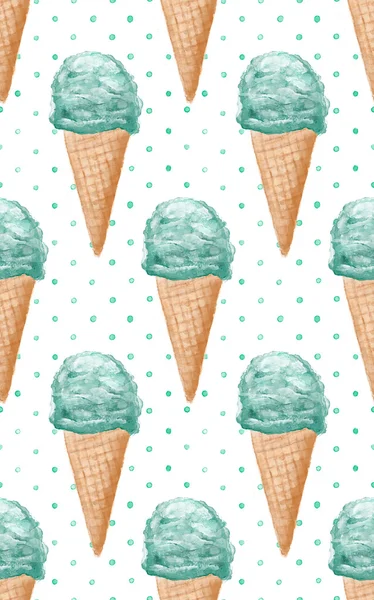 Seamless watercolor pattern with ice cream cones hand painted background — Stock Photo, Image