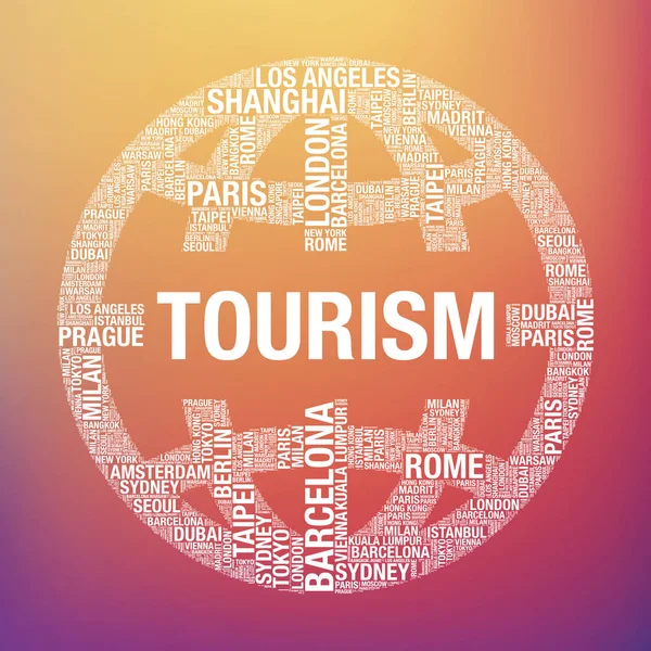 Palabra de turismo en mundo globo vector turístico concepto — Vector de stock