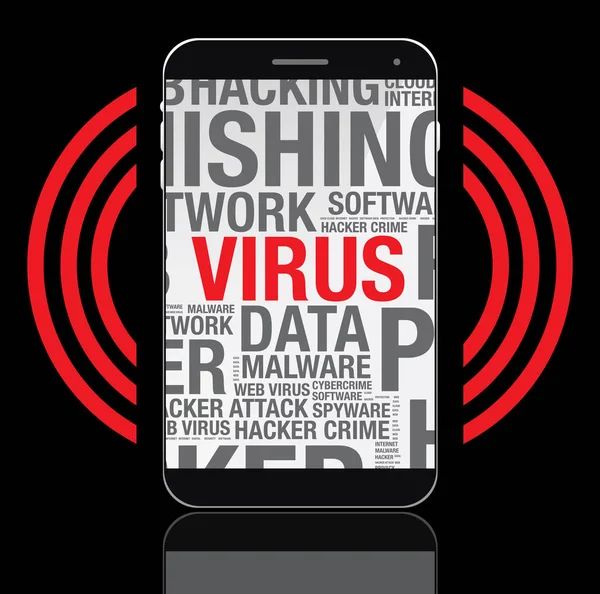 Virus word cloud op mobiele telefoon scherm vector concept — Stockvector