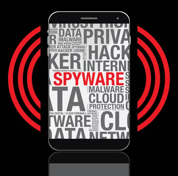 Spyware szó felhő a mobiltelefon képernyő vektor-koncepció — Stock Vector