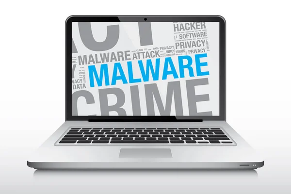 Malware slovo mrak na laptop obrazovky vektor koncepce — Stockový vektor