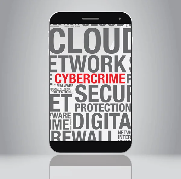 Cybercrime Wort Wolke auf Handy-Bildschirm Vektor-Konzept — Stockvektor