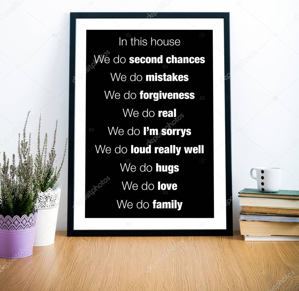 Frame on desk with quote about home