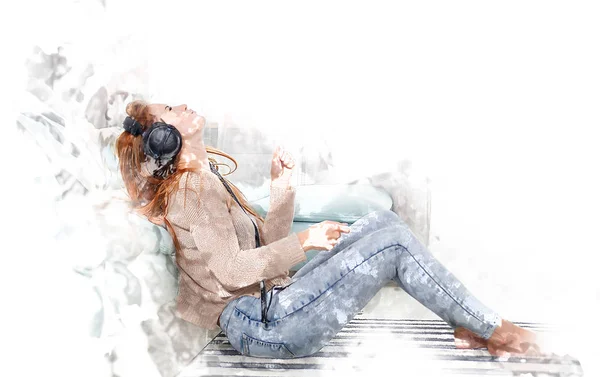 Vrouw met koptelefoon luisteren naar muziek thuis — Stockfoto