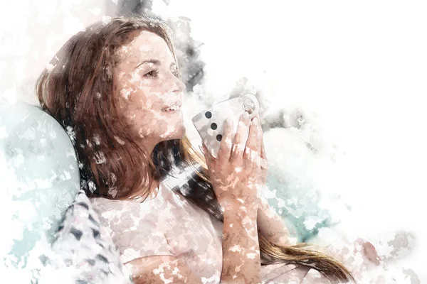 Young woman sitting on couch at home and drinking coffee — Stock Photo, Image