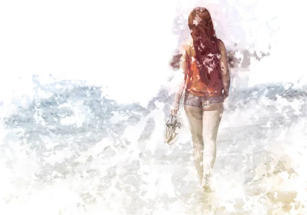 Frau spaziert im Urlaub am Sandstrand — Stockfoto