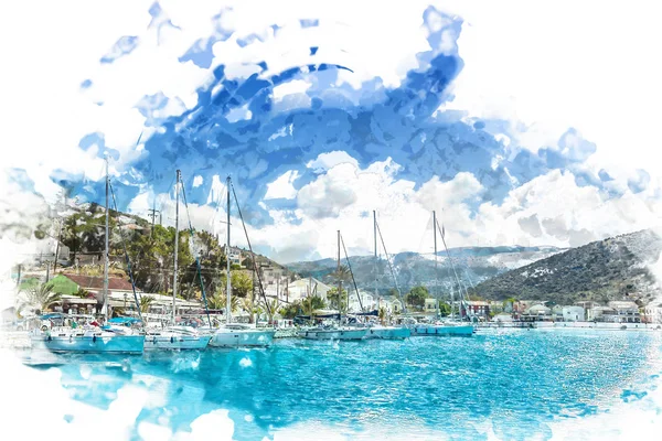 Sailboat harbor in small seaside town, Kefalonia Greece — Stock Photo, Image