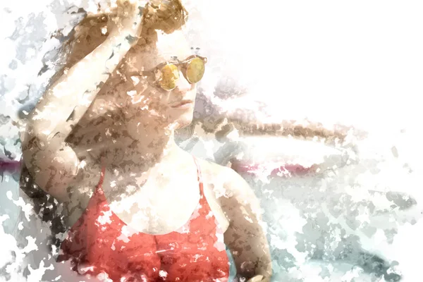 Mujer joven en la playa en la luz del sol caliente verano —  Fotos de Stock