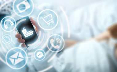 Sipariş akıllı telefon kullanan kadın gıda online evde yalan süre götürün
