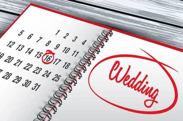 Marchio del giorno del matrimonio sul calendario, illustrazione vettoriale — Vettoriale Stock
