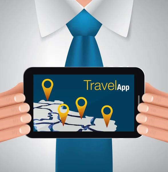 Επιχειρηματίας κρατώντας tablet με ταξιδιωτική εφαρμογή, διάνυσμα — Διανυσματικό Αρχείο
