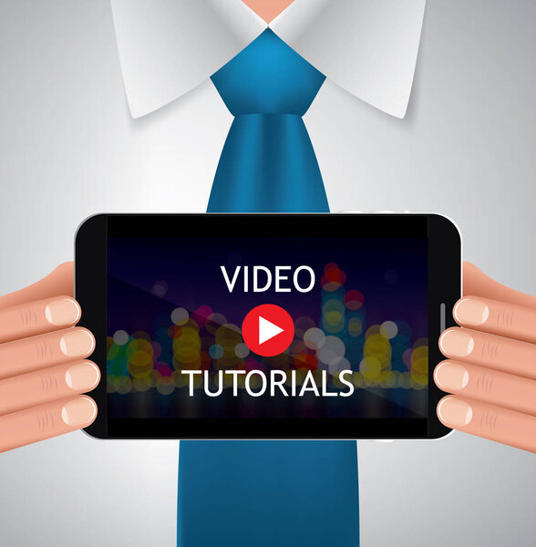 Businessman holding tablet with video tutorials app, vector