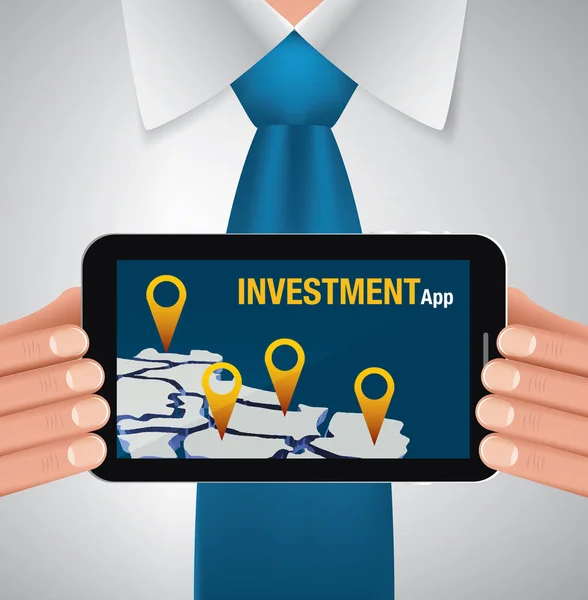Podnikatel, drží tablet s aplikací mapy investic, vektor — Stockový vektor