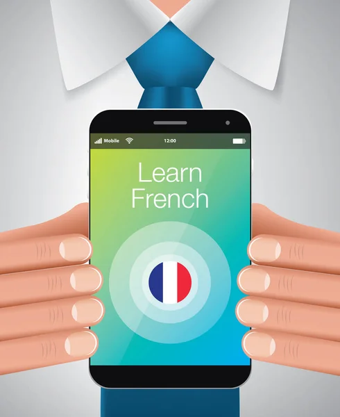 Houden van mobiele telefoon met leren Frans zakenman app, vector — Stockvector