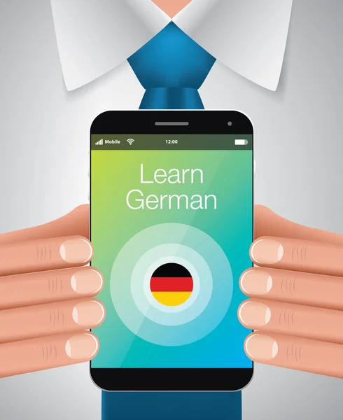 Businessman holding mobile phone with Learn German app, vector — Stock Vector