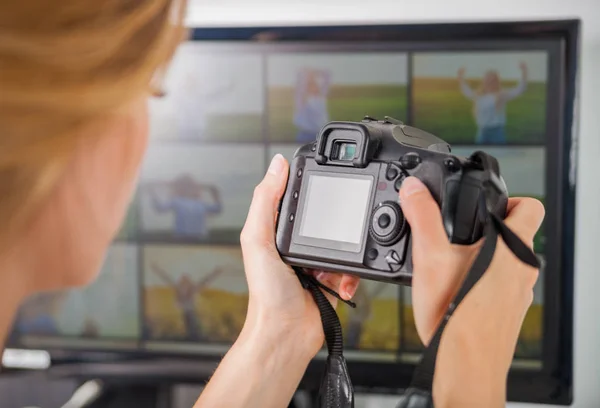 Freelance photographer woman at home office editing photos, blan — Stock Photo, Image