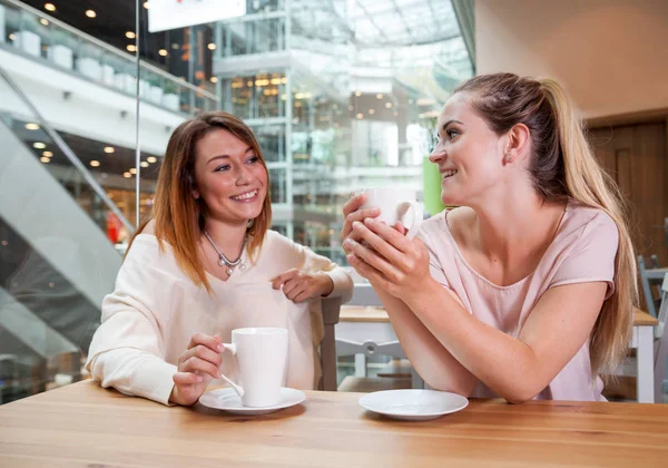 Two friends girls talking and laughing during meeting in cafe at shopping mall — Stock Photo, Image