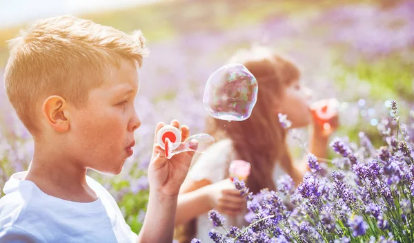Två barn har roligt att blåsa såpbubblor i lavendelfält på solig dag — Stockfoto