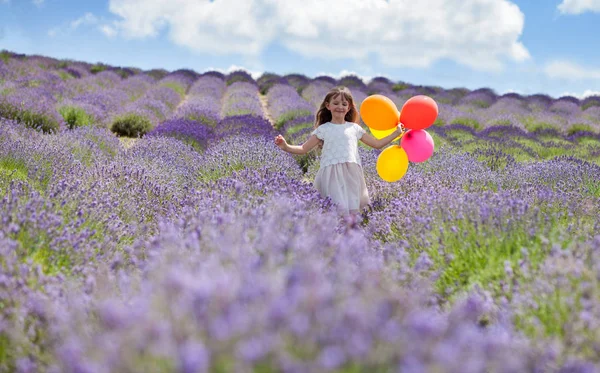 Όμορφο παιδί κορίτσι τρέχει με πολύχρωμα μπαλόνια στην έννοια ελευθερία καλοκαίρι πεδίο λεβάντα — Φωτογραφία Αρχείου