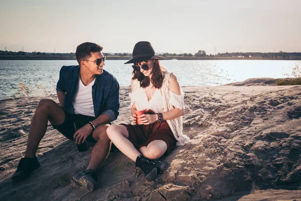 Happy couple outdoor, fashion styled friends have fun — Stock Photo, Image