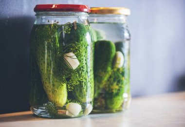 Baharat ve otlar bir kavanoza salatalık turşusu alanı Kopyala